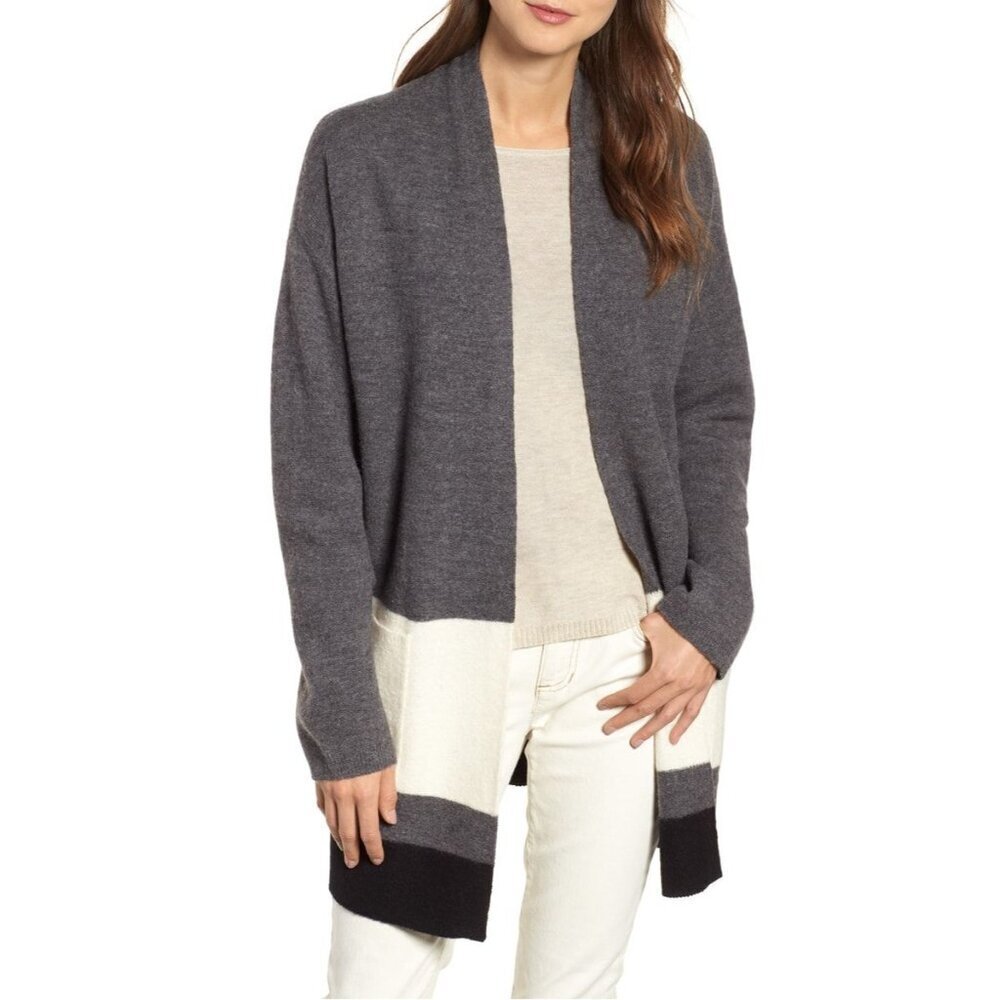 Eileen Fisher XS Open Front Cardigan Sweater Long Grey Ivory Old‎ Money